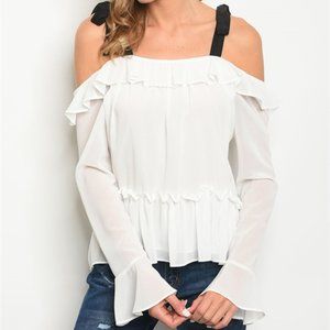 LONG SLEEVE IVORY & BLACK OFF SHOULDER TOP (46-20)
